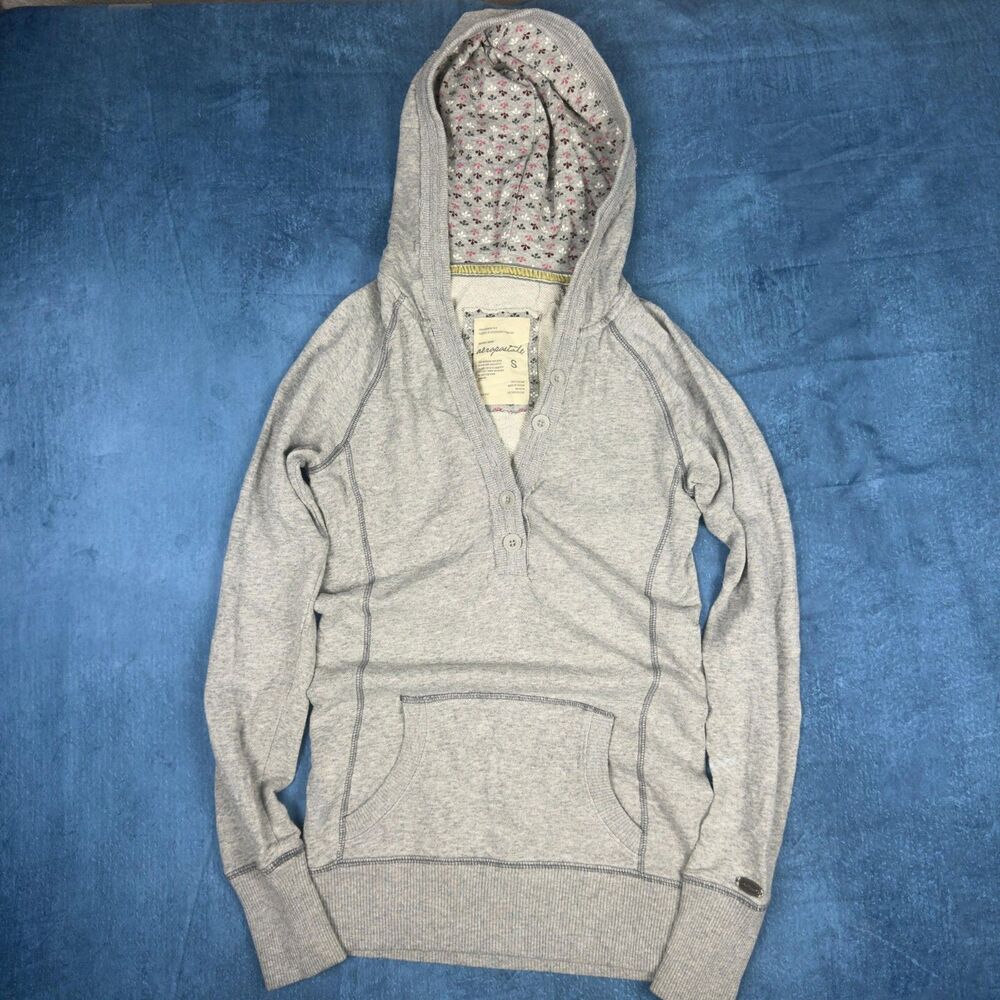 Y2K Aeropostale Hoodie Womens S Gray Henley Floral Hood